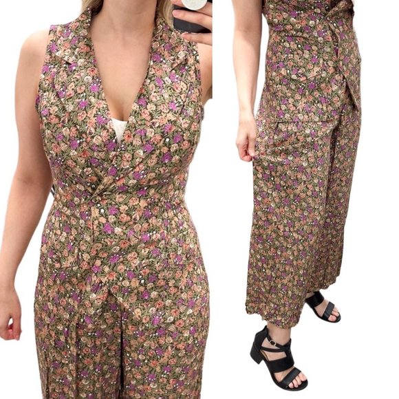 Jamie Brooke Wide-Leg Floral Print Vest Jumpsuit Vintage 90s Women’s Size M - Picture 2 of 16